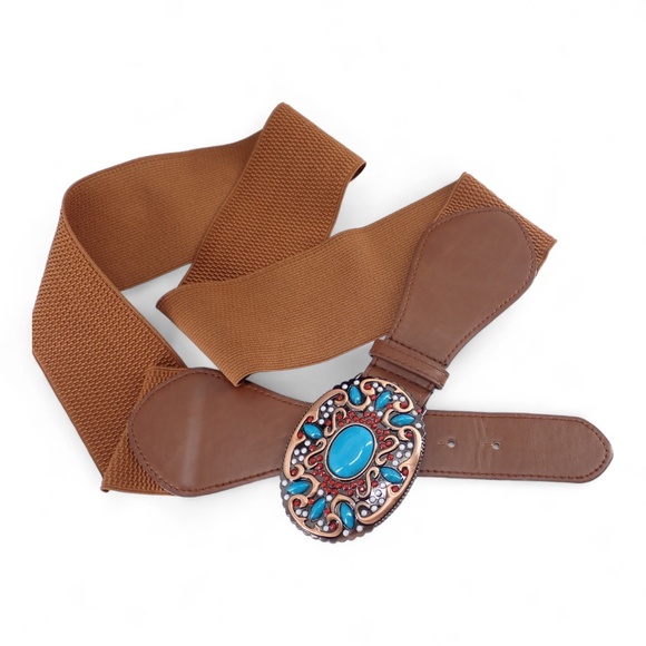 Southwestern Style Turquoise Blue Coral Red Copper Belt Buckle Brown Stretch XL - Picture 12 of 15